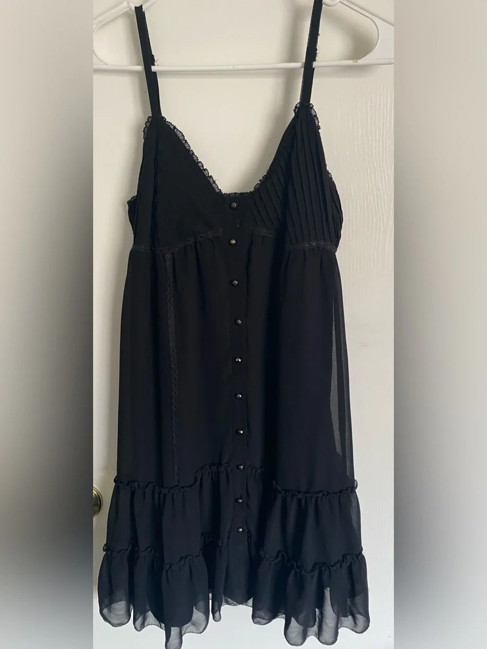 Vtg GUESS Black Chiffon Pintuck Lace Trim Ruffle Hem Babydoll Slip Dress